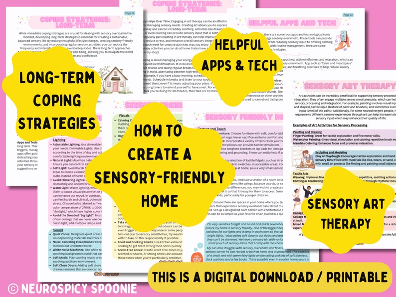 May include: A printable worksheet with tips for creating a sensory-friendly home. The worksheet includes sections on lighting, sound, touch, and visuals. The worksheet also includes a section on sensory art therapy with examples of art activities for sensory processing.