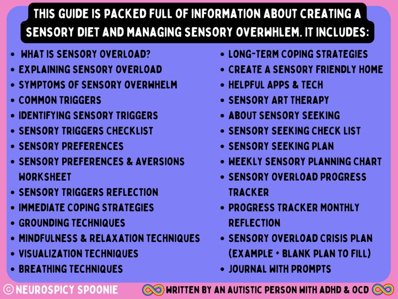 May include: A guide with a purple background and white text listing tips for creating a sensory diet and managing sensory overload. The guide includes sections on identifying sensory triggers, sensory preferences, coping strategies, and relaxation techniques. The guide is written by an autistic person with ADHD and OCD.
