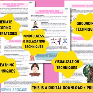 May include: A printable worksheet with coping strategies for managing anxiety and stress. The worksheet includes sections on immediate coping strategies, mindfulness and relaxation techniques, grounding techniques, breathing techniques, and visualization techniques. The worksheet is designed to help people manage their mental health and well-being.