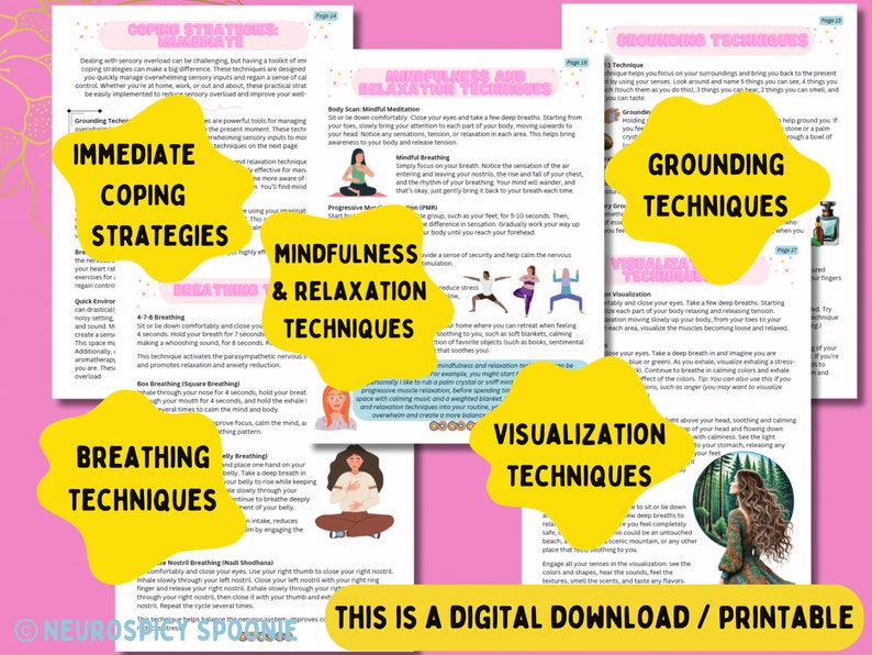 May include: A printable worksheet with coping strategies for managing anxiety and stress. The worksheet includes sections on immediate coping strategies, mindfulness and relaxation techniques, grounding techniques, breathing techniques, and visualization techniques. The worksheet is designed to help people manage their mental health and well-being.