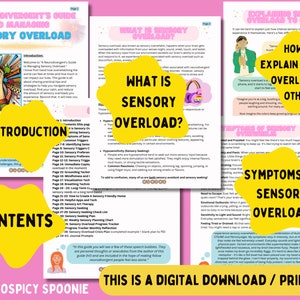 May include: A pink and yellow printable guide for managing sensory overload. The guide includes information on what sensory overload is, how to explain it to others, and symptoms of sensory overload. The guide also includes a table of contents and a note that it is a digital download.