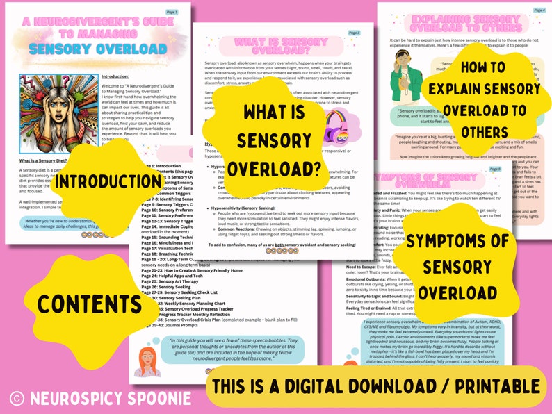 May include: A pink and yellow printable guide for managing sensory overload. The guide includes information on what sensory overload is, how to explain it to others, and symptoms of sensory overload. The guide also includes a table of contents and a note that it is a digital download.