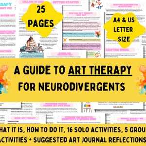 Può includere: Una guida all'arteterapia per persone neurodivergenti. Questa guida stampabile di 25 pagine include 16 attività individuali, 5 attività di gruppo e suggerimenti per riflessioni nel diario d'arte. La copertina presenta un design astratto colorato con il titolo "Una guida all'arteterapia per persone neurodivergenti".