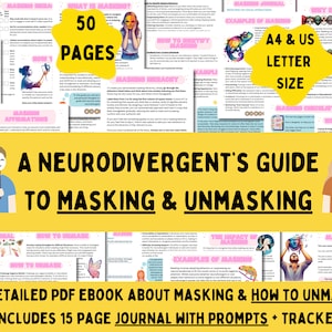 Utskrivbar guide till neurodivergent maskering, hur man avslöjar maskering, ND-maskeringsjournal för ADHD och ASD, autismmaskering, sent diagnostiserad autistisk vuxen