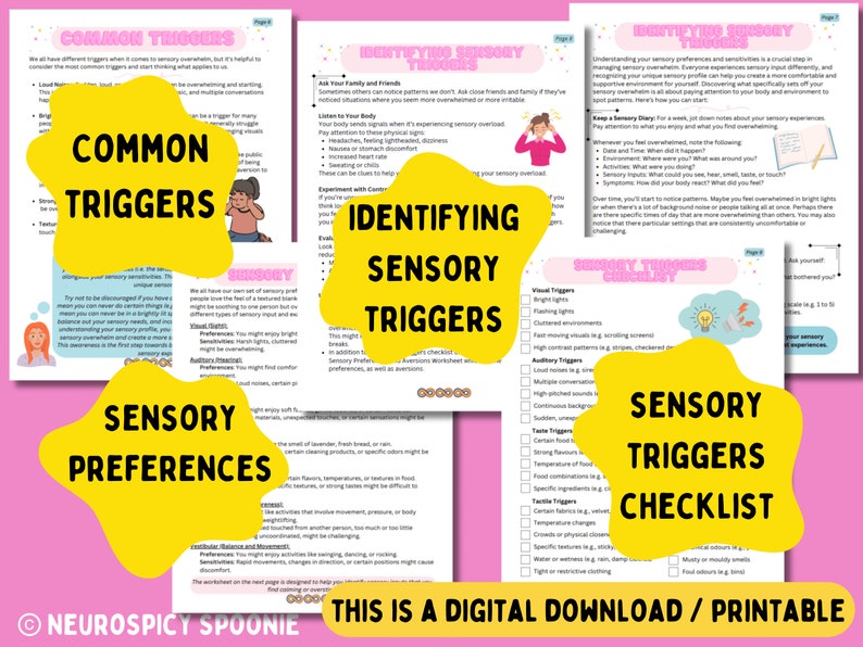 May include: A printable worksheet with the title "Identifying Sensory Triggers" and "Sensory Triggers Checklist". The worksheet is designed to help people identify their sensory triggers and preferences. It includes sections on common triggers, identifying sensory triggers, sensory preferences, and a checklist of sensory triggers.
