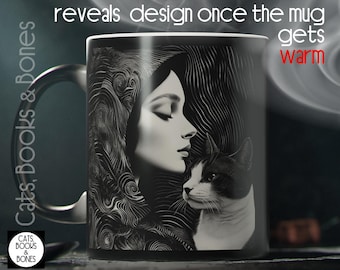 Artistieke Cat Lady Design magische mok, uniek cadeau voor kattenliefhebbers, coole woondecoratie, stijlvol drinkgerei voor koffie, thee, perfect voor verjaardagen