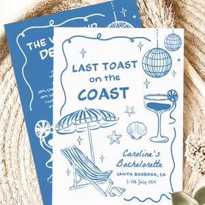 Modèle d'invitation d'itinéraire modifiable d'événements de week-end de plage d'enterrement de vie de jeune fille, dernier toast sur la côte, invitation d'enterrement de vie de jeune fille