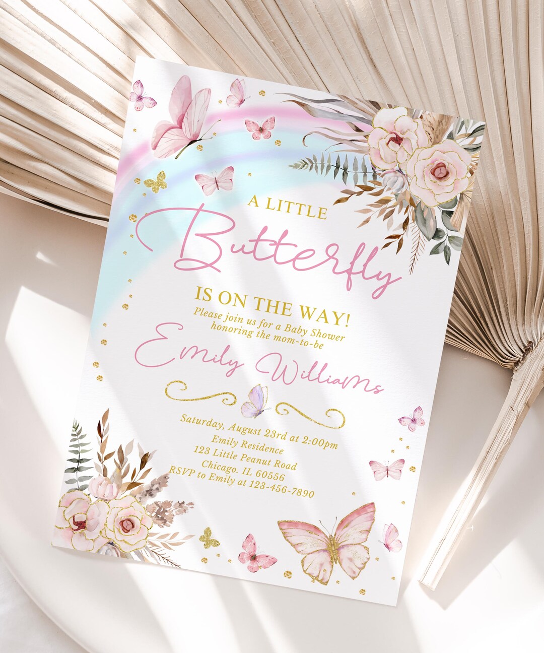 Butterfly Baby Shower Invitation, Boho Pampas Grass Baby Shower Pink ...