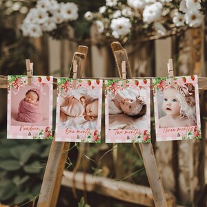 Cartes modifiables d'étape importante pour le premier anniversaire de bébé avec des photos, bannière d'étape mensuelle d'anniversaire aux fraises, décoration de fête pour le 1er anniversaire de baies