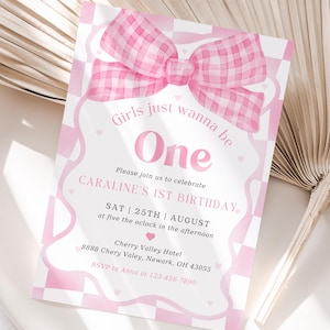Pink Bow Birthday Invitation, Ribbon Blush Pink Birthday Invitation, Pink Bow 1st Birthday Invitation, Pink Ribbon Birthday Party Invitation