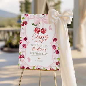 Editable Cherry 1st Birthday Girl Welcome Sign, Cherries First Birthday Girl Personalized Sign, Cherry on Top Birthday Milestone Poster Sign