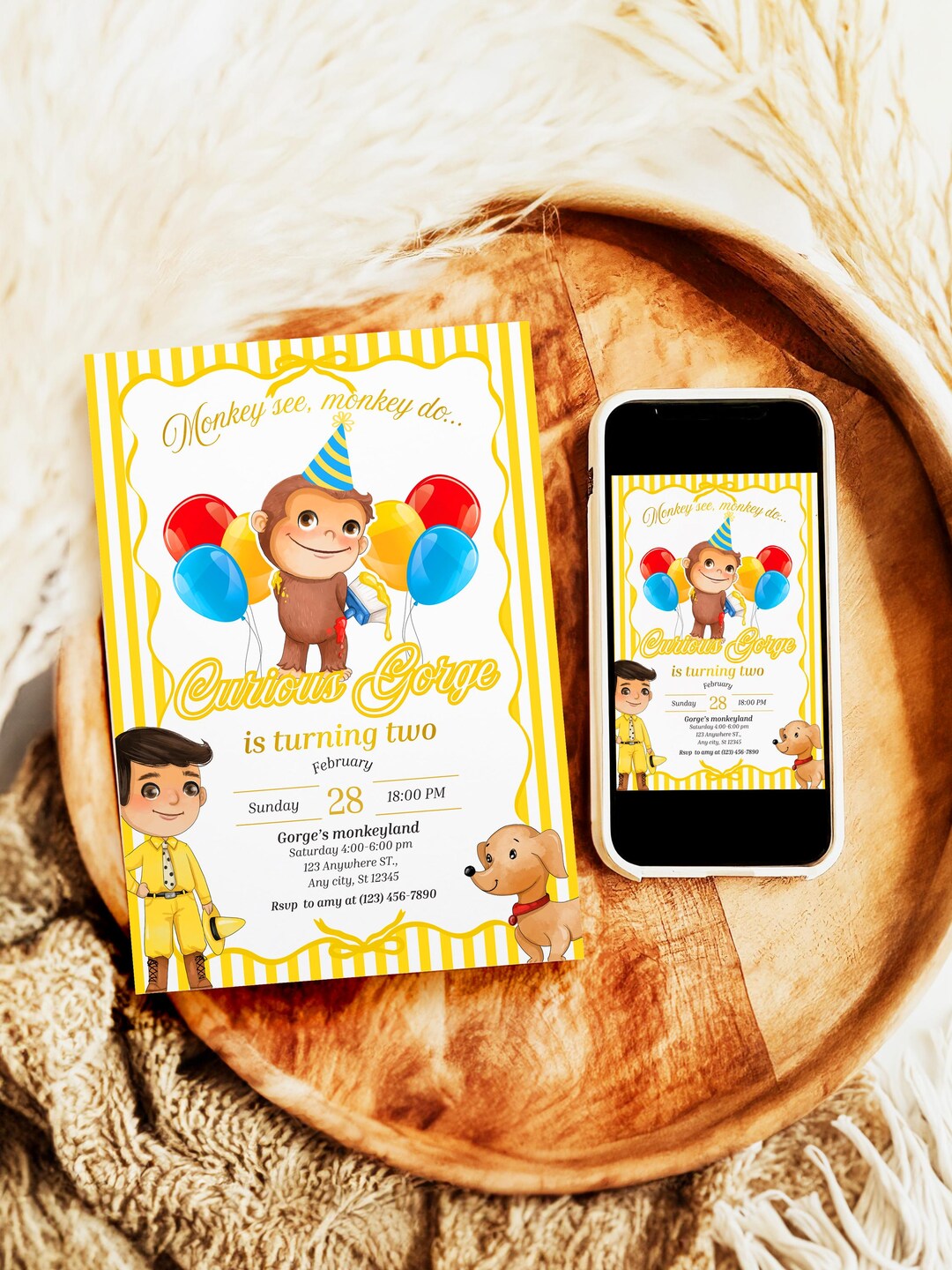 George Michael Invitation Curious George Birthday Invitation, Editable Monkey Party Invite (5x7 ...