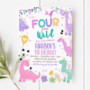 Girl Dinosaur Birthday Invitation, Dinosaur Fourth Invitation, Dinosaur Party Invitation, Pink Dinosaur Invitation Girl Dino Four Invitation