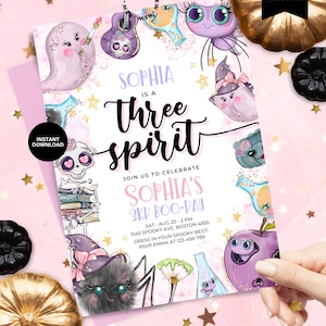 Editable Pink Ghost Halloween Birthday Invitation Ghost 3rd Birthday Party Invitation Three Spirit 3rd Birthday Spooktacular Party Invite