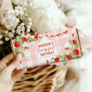 Editable Berry First Birthday Wrapper Chocolate Bar Labels, Strawberry Birthday Chocolate Wrapper Template, Berry 1st Birthday Party Favors