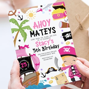 Invitación editable para fiesta de cumpleaños de niña pirata Invitación con barco pirata rosa Linda fiesta pirata rosa Mapa del tesoro Fiesta pirata Descarga instantánea