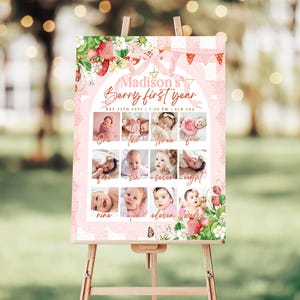 Cartel editable de primer cumpleaños con fresas, plantilla de cartel personalizado para el primer cumpleaños, hito mensual de primer cumpleaños con fresas
