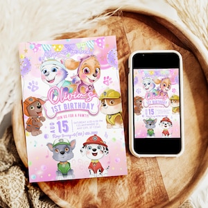 Paw Patrol Girl Birthday Invitation Template,Pink Puppy Skye Paw Party Invitation Template,Skye Paw Patrol Girl Birthday Invitation Template