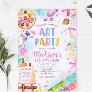 Modello di invito per festa di compleanno con pittura artistica modificabile, invito per festa di compleanno per ragazze con pittura artistica, invito per il primo compleanno di una ragazza con pittura artistica