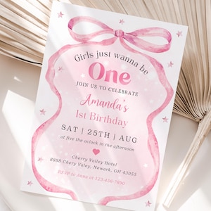 Pink Bow Birthday Invitation, Ribbon Blush Pink Birthday Invitation, Pink Bow 1st Birthday Invitation, Pink Ribbon Birthday Party Invitation
