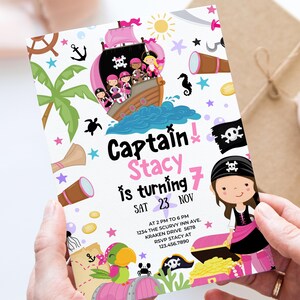 Invitación editable para fiesta de cumpleaños de niña pirata Invitación con barco pirata rosa Linda fiesta pirata rosa Mapa del tesoro Fiesta pirata Descarga instantánea