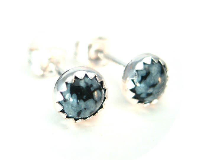 Snowflake Obsidian Stud Earrings, Black and White Earrings Studs in Silver