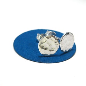 Silver Disc Stud Earrings- Hammered Silver Earrings, 8 mm Flat Studs