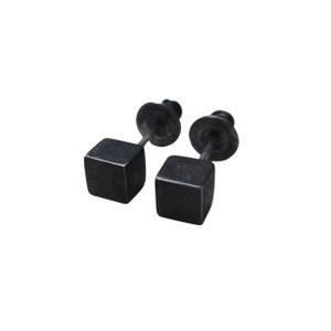 May include: A pair of black cube stud earrings. The earrings are made of metal and have a simple, modern design.