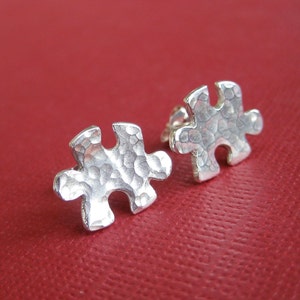 Hammered Silver Puzzle Piece Earrings, Puzzle Stud Earrings, Autism Awareness Jewelry image 3