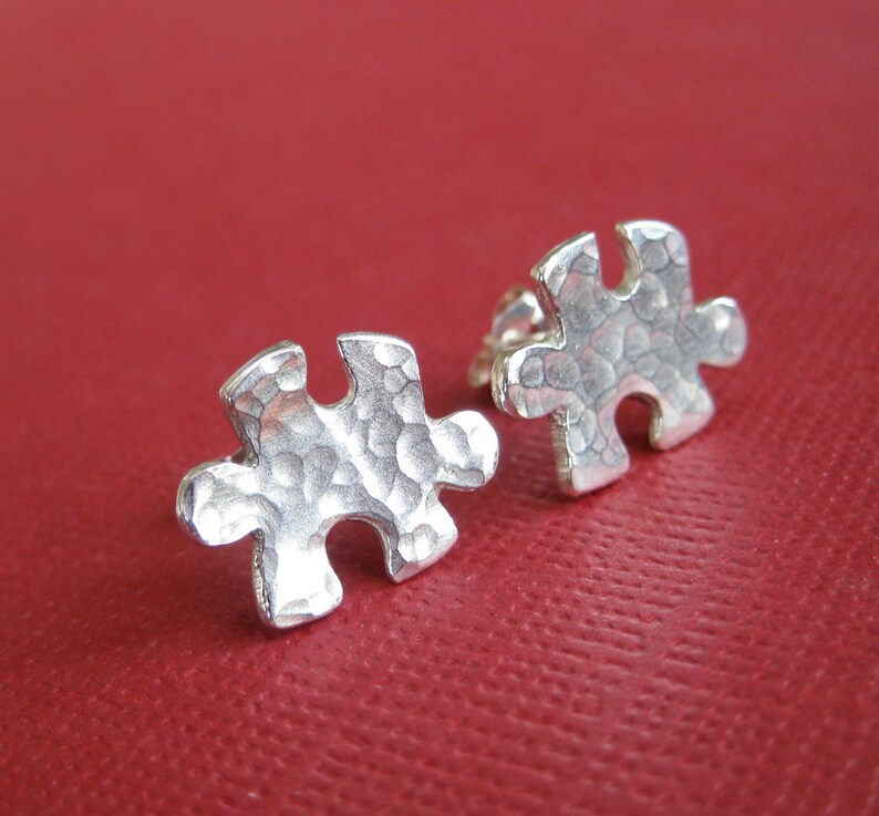 Hammered Silver Puzzle Piece Earrings, Puzzle Stud Earrings, Autism Awareness Jewelry image 3