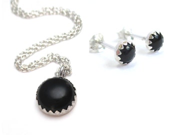 Black Onyx Necklace Set with Black Onyx Earrings and Pendant Necklace in Sterling Silver