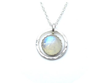 Hammered Silver Circle Pendant Necklace with Rainbow Moonstone Gemstone