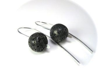 Lava Rock Earrings, Black Gemstone Hoops, Modern Drop Hoops, Black Drop Earrings