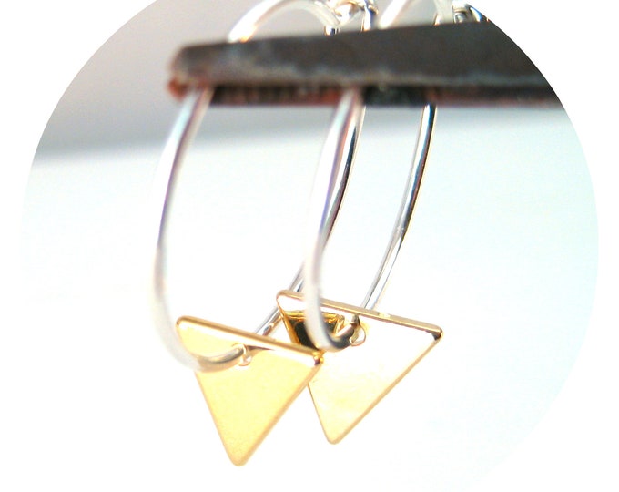 Mixed Metal hoops with Sterling Silver and Yellow Gold Fill Triangle Dangle