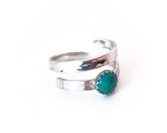 Adjustable Chrysocolla Ring, Silver Wraparound Gemstone Ring