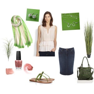 May include: A woman's outfit featuring a white ruffled blouse, a denim skirt, green sandals, a green scarf, a silver necklace, and a green handbag.