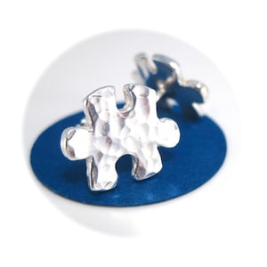 Hammered Silver Puzzle Piece Earrings, Puzzle Stud Earrings, Autism Awareness Jewelry image 1