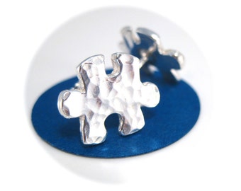 Hammered Silver Puzzle Piece Earrings, Puzzle Stud Earrings, Autism Awareness Jewelry