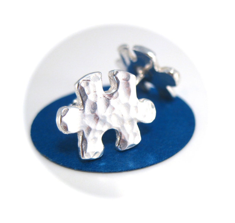 Hammered Silver Puzzle Piece Earrings, Puzzle Stud Earrings, Autism Awareness Jewelry image 1