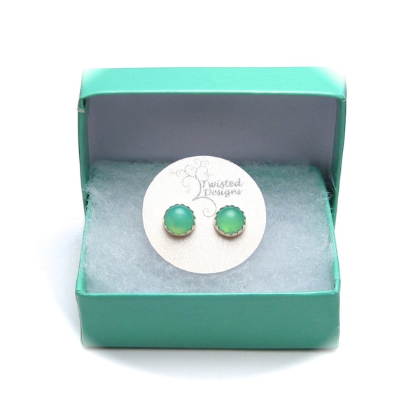 Chrysoprase Studs, Green Gemstone Stud Earrings 6mm