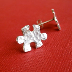 Hammered Silver Puzzle Piece Earrings, Puzzle Stud Earrings, Autism Awareness Jewelry image 2