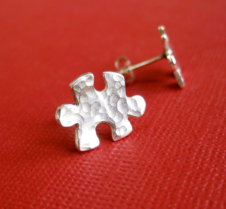 Hammered Silver Puzzle Piece Earrings, Puzzle Stud Earrings, Autism Awareness Jewelry image 2