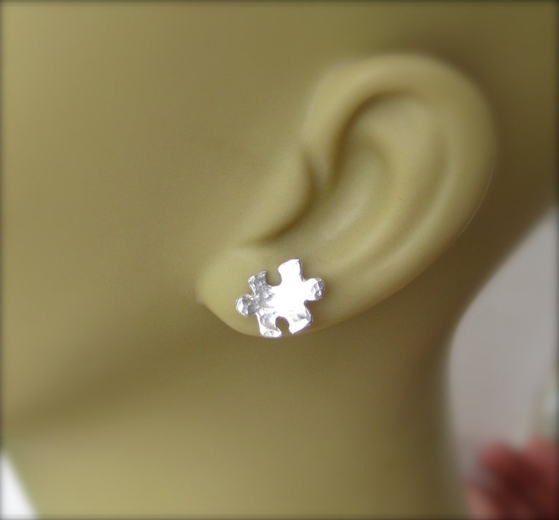 Hammered Silver Puzzle Piece Earrings, Puzzle Stud Earrings, Autism Awareness Jewelry image 4