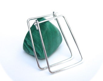 Silver Rectangle Hoop Earrings- Geometric Hoops