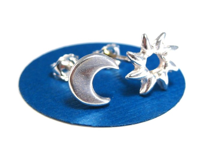 Moon and Sun Studs, Sun and Moon Mismatched Earrings, Moon Sun Earrings