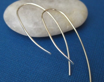Modern Open Hoop Earrings- Long Silver Earrings, Silver Hammered Earrings, Long Earrings
