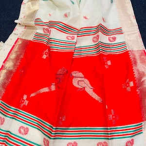 Elegant red and off white Benaras handloom saree