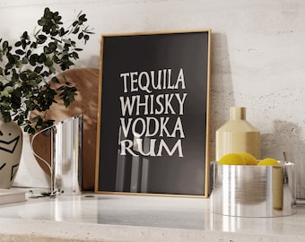 Esthetische keuken decor koken Wall Art Print digitale download Tequila whisky wodka rum trendy huis appartement slaapzaal prints typografie kunst