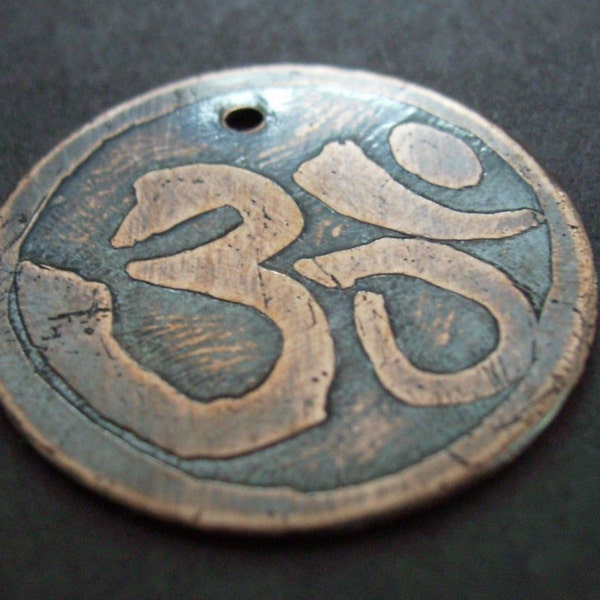 Handmade Etched Copper Pendant- Om Symbol- Oxidized Finish- NEW LINE