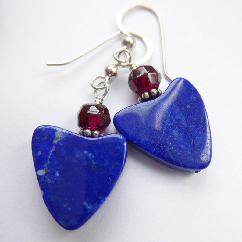 Artisan Lapis Slab Hearts Garnet Sterling Silver Earrings Boho Red Blue Silver Dangles Sundance Southwestern Cowgirl Gift fo Her